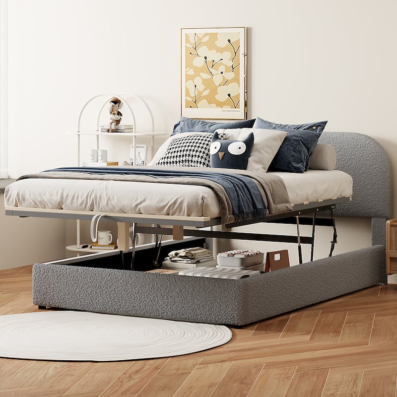 Grounded Bed Upholstered Platform Bed Storage Bed with Curved Headboard and Hydraulic Storage System Under Bed, Teddy Fleece - Grey - Full