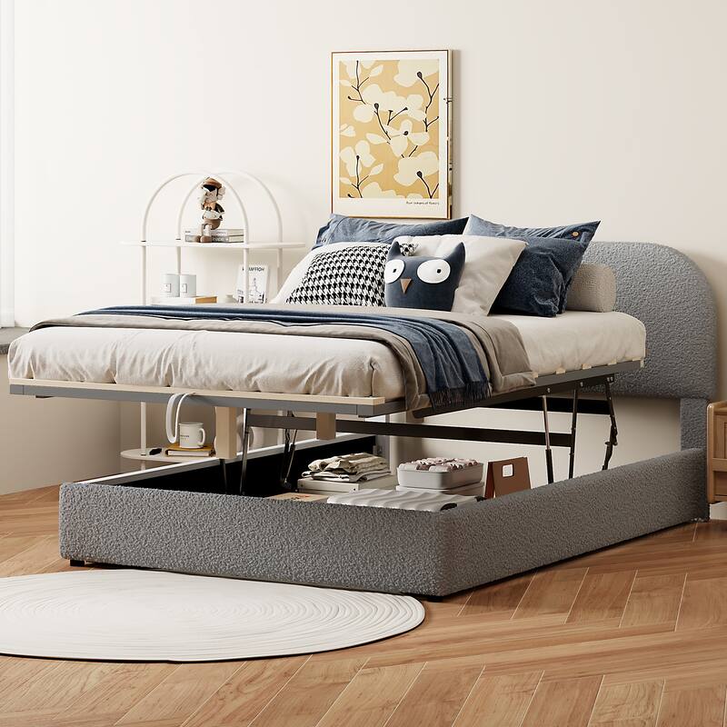 Teddy Fleece Full Platform Bed with Hydraulic Storage System and Elegant Design