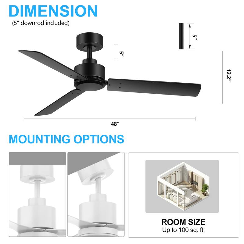 48-in Indoor Black Large Ceiling Fan without Light(3-Blade)