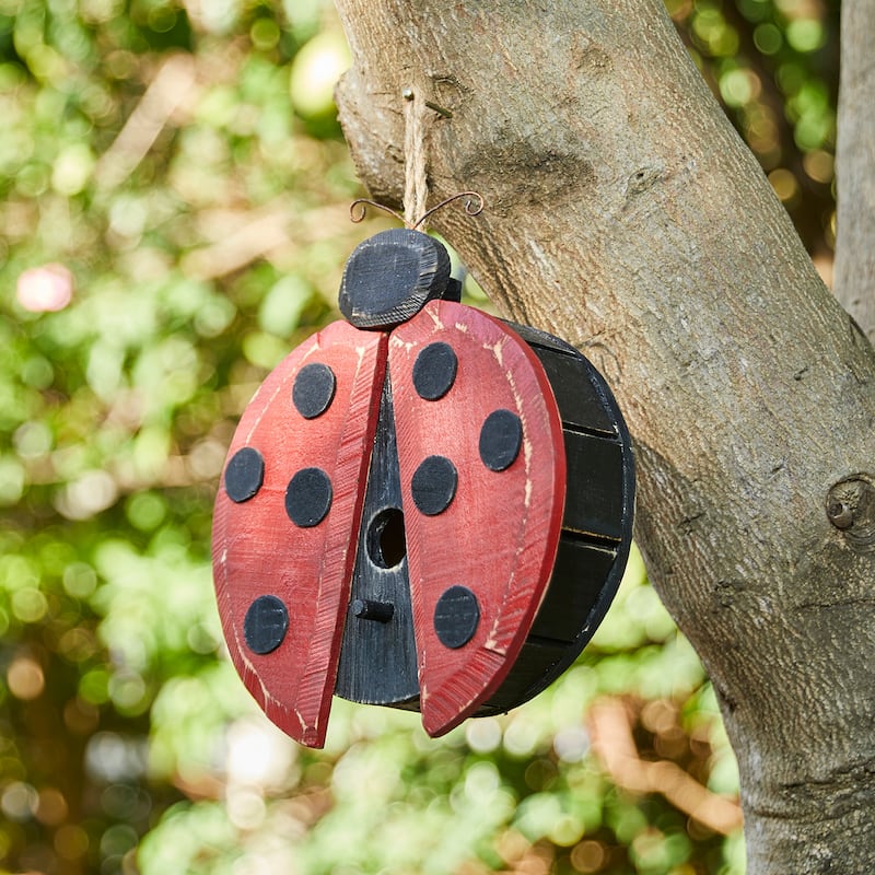 Glitzhome 11"H Cute Distressed Solid Wood Ladybug Birdhouse - 11.5"H