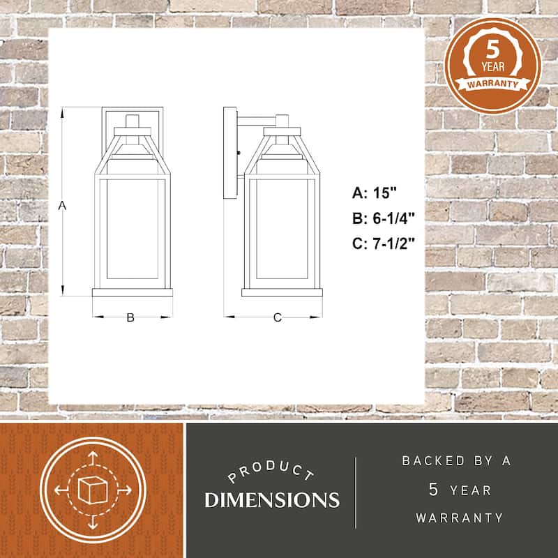 Napier 6.25-in Black Outdoor Farmhouse Wall Lantern, Dusk to Dawn Photocell, Clear Seeded Glass - 6.25-in W x 15-in H x 7.5-in D