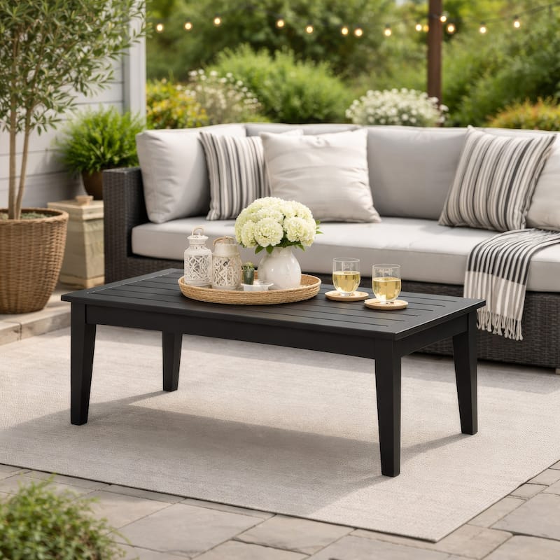Fini 44 Inch Outdoor Coffee Table, Slatted Top, Modern Style, Black Finish