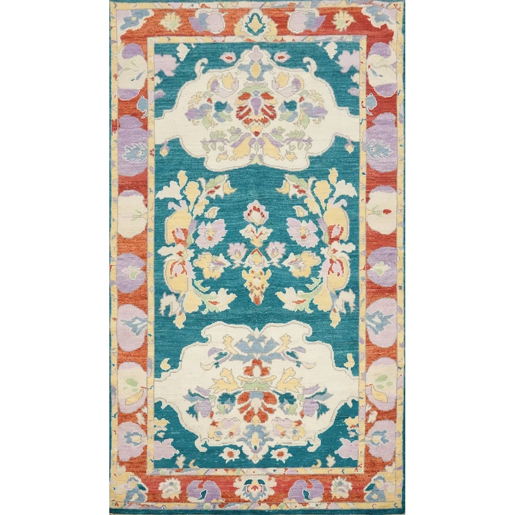 Hand Knotted Oriental 100% Wool Carpet Transitional Floral Green Oushak Area Rug - 8' 10'' X 5' 1''