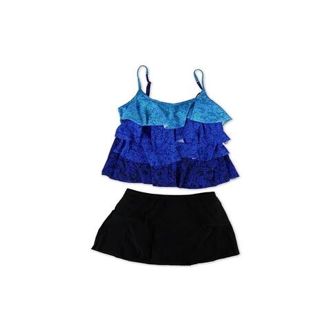 MiracleSuit Womens Lace Tier Skirt 2 Piece Tankini, Blue, 14