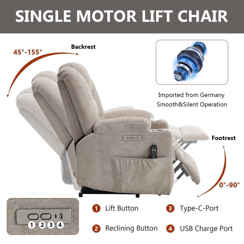Large Power Lift Recliner with Massage & Heat - Heavy Duty Wide Recliner Chair for Elderly, USB/Type-C Charging, Cup Holders
