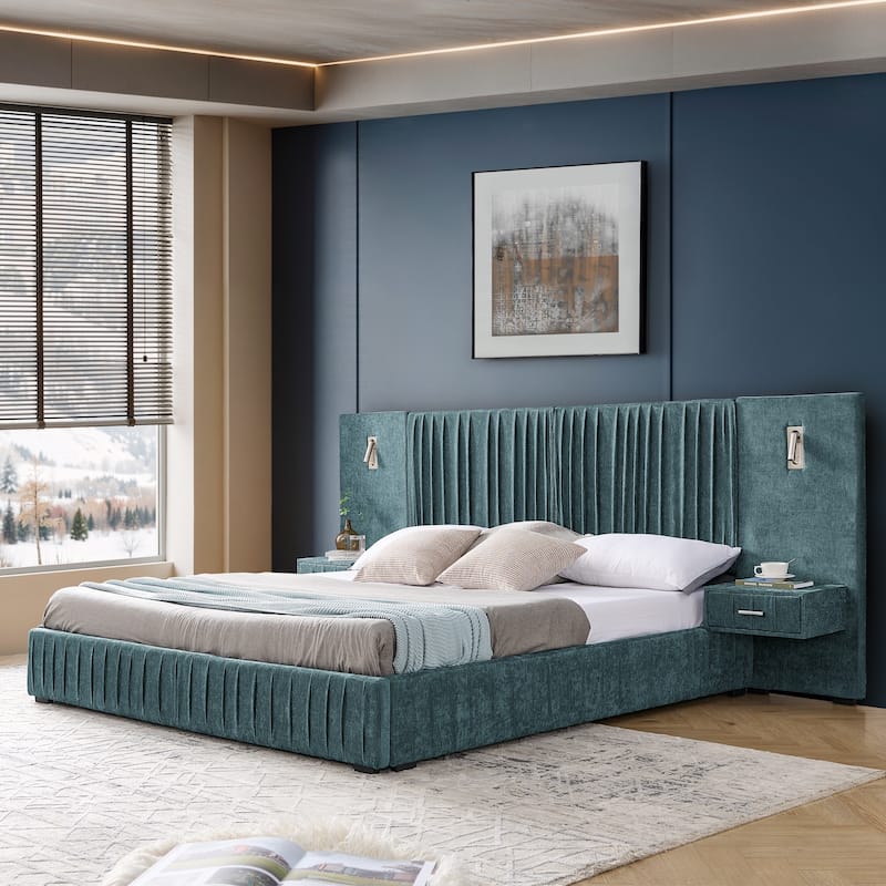 King Size Upholstered Chenille Grounded Bed with Headboard and Solid Frame