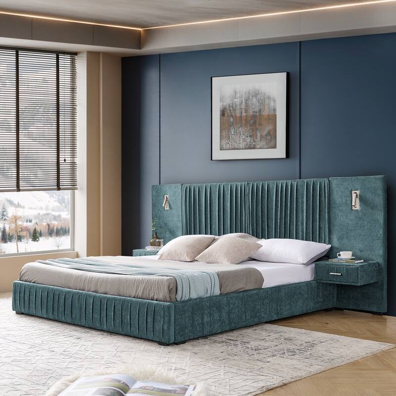 Roomfitters King Upholstered Chenille Platform Bed with Pleated Headboard and Built-In Bedside Tables, Solid Frame