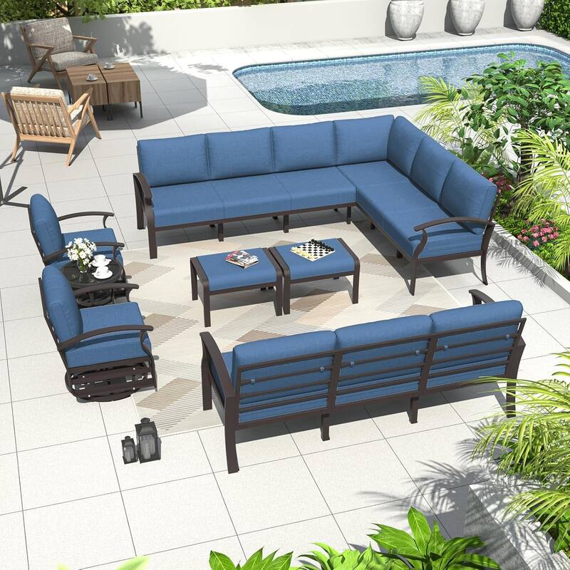 Kullavik Aluminum Corner Sofa Set, Patio Outdoor Sectional Sofa Set with Armrests and Footrests - 13 Seats/Swivel - Navy Blue