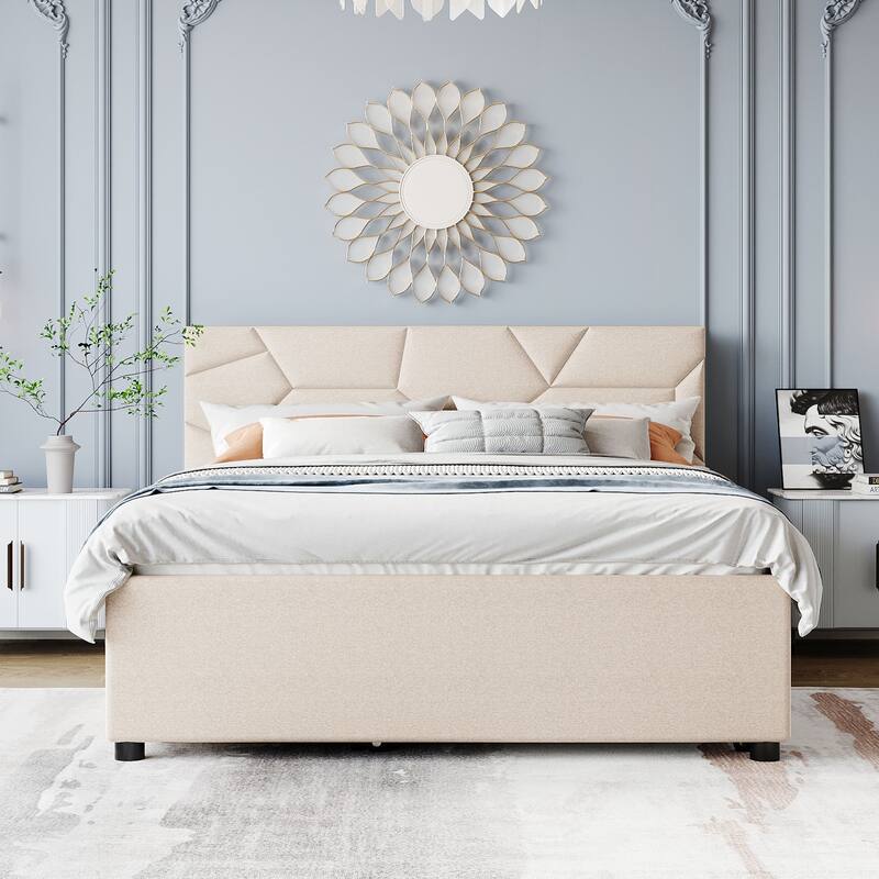 Full/Queen Size Upholstered Platform Bed with Stylish Brick Pattern Headboard, Trundle & 2 Drawers, Linen Fabric Comfort