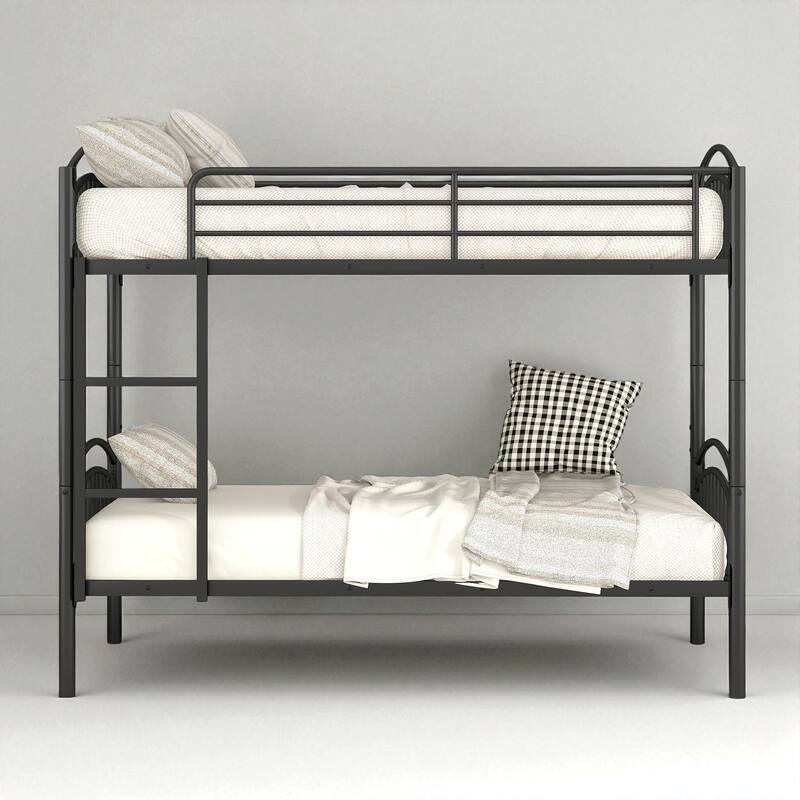 Twin Over Twin Metal Bunk Bed with Ladder and Safety Rails, Convertible into Two Twin Beds, No Box Spring Needed
