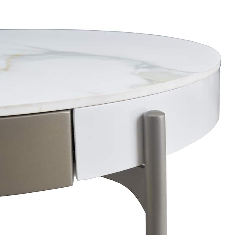 31.49" Ceramic Tile Round Coffee Table with Sintered Stone Top, Storage Drawers