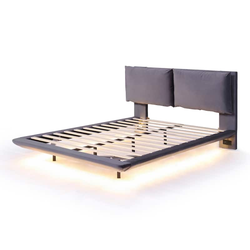 Queen Size Upholstered Platform Bed with Sensor Lights, USB Ports, and Floating Design, Stylish Bed with Large Backrests