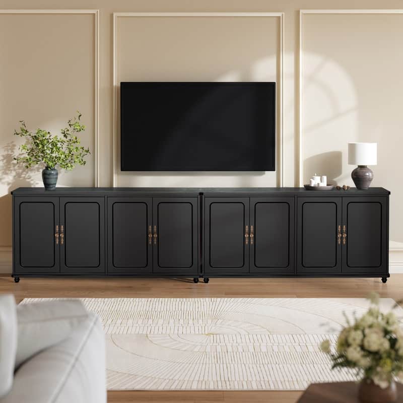 60"W Kitchen Buffet Sideboard Cabinet With Adjustable Shelves, 4 Doors Mid-Century Cupboard Set Of 2 - Black