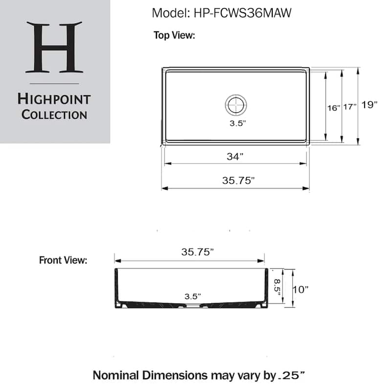 Highpoint Collection 36-inch Workstation Fireclay Apron Sink with Accessories - 36" x 19" x 10"