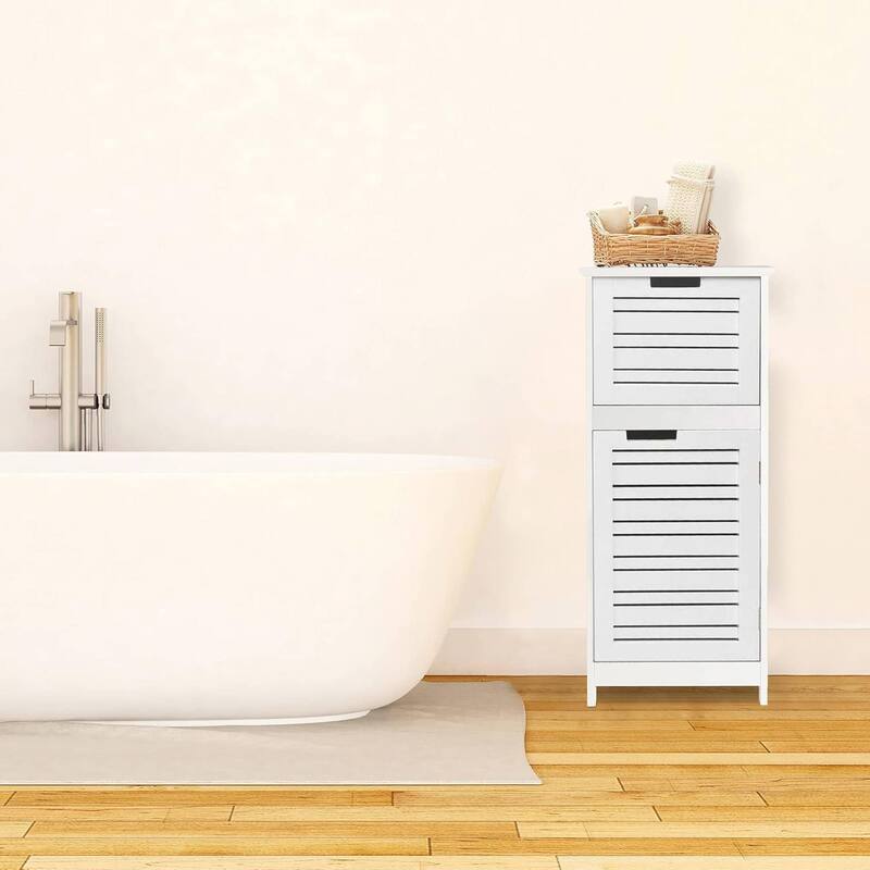 Miami White Bathroom Linen Storage Cabinet Vented Door and Drawer - 14.7"L x 11.13"W x 32.12"H