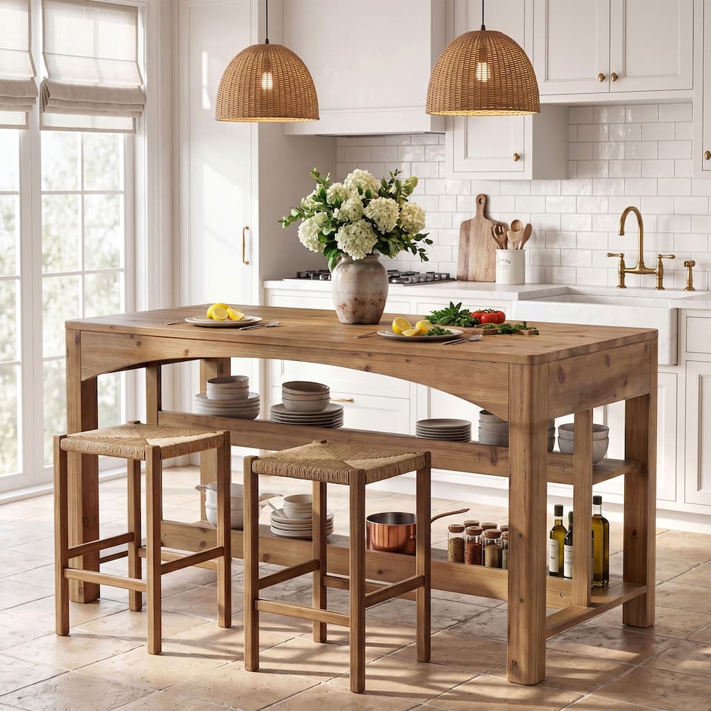 Kitchen Island with Storage, 59" Solid Wood Counter Height Island Table ...