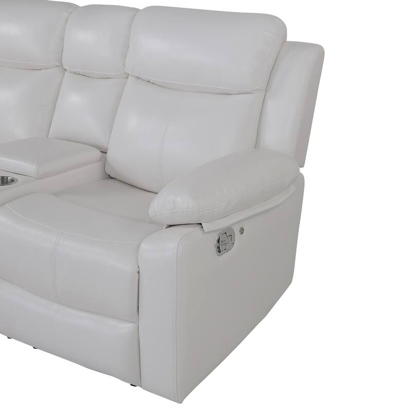 HomeRoots Off White Faux Leather Reclining Curved Six Piece Sectional With LED And Console