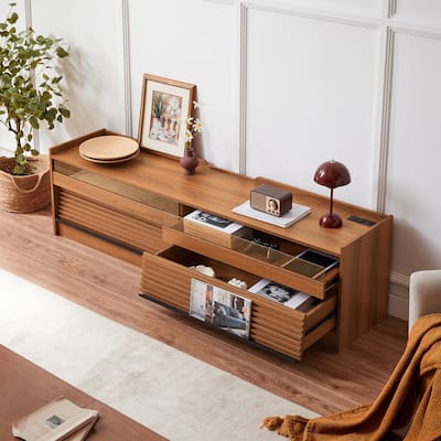 68.9" TV Stand with Glass Front Drawers and LED Charging Station