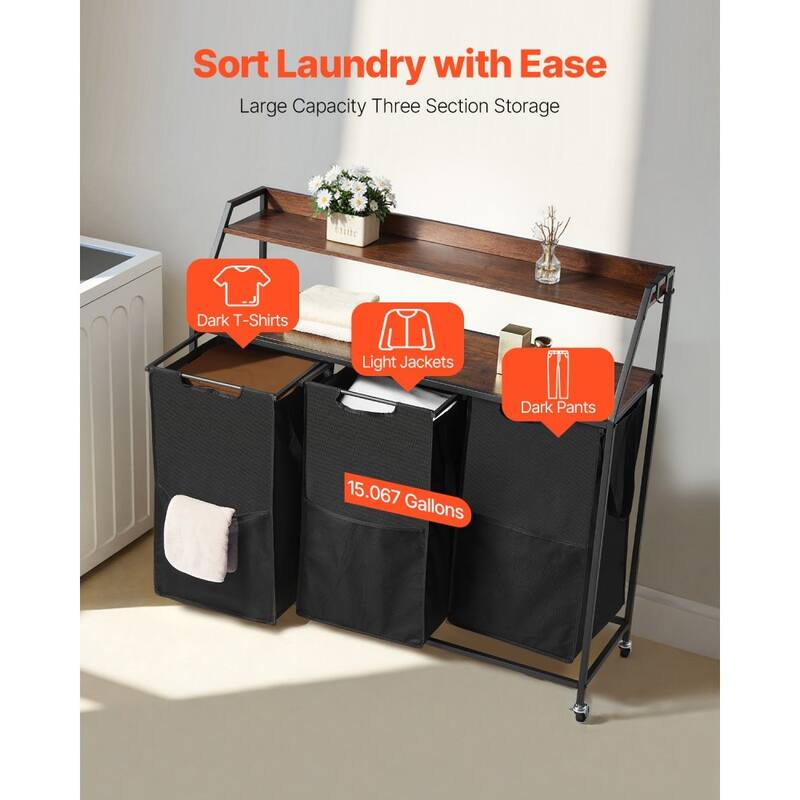 Black Laundry Hamper with Fabric 3 Removable Compartments Hamper and Wheels for Organization