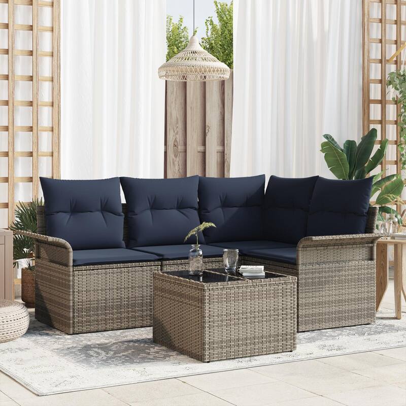 vidaXL 4/5-Seater Garden Sofa with Cushions Black/Brown/Grey Poly Rattan - 52.2 x 73.8 x 27.2 - Gray with table