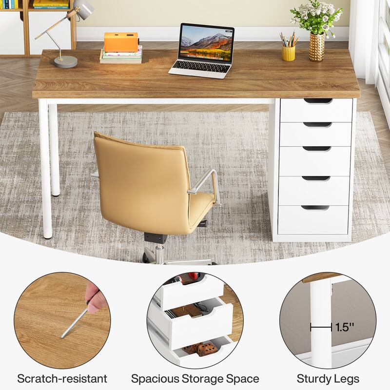 Modern Computer Desk with 5 Reversible Drawers, Storage Home Office Desk, PC/Laptop Desk, Study Writing Table Workstation