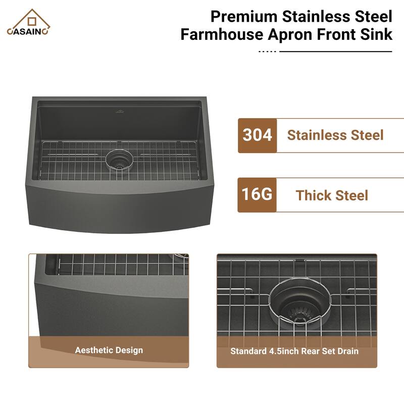 Farmhouse/Apron-Front Nano PVD Gunmetal Black Stainless Steel Workstation Kitchen Sink with 2-Function Faucet and Accessories