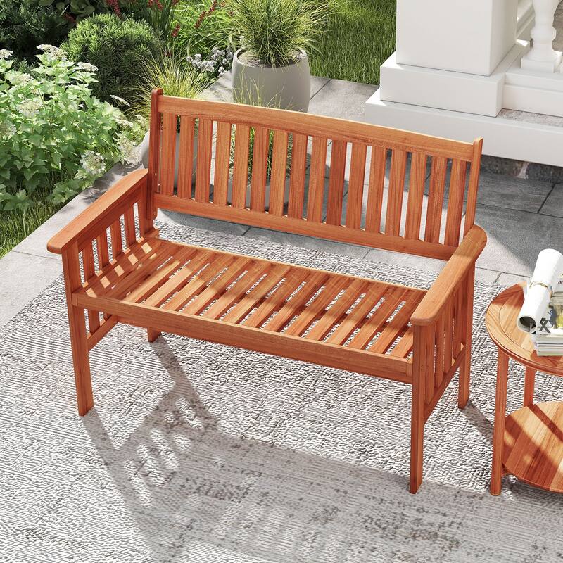 Gymax Outdoor Wood Garden Bench w/Backrest Armrests & Slatted Seat for