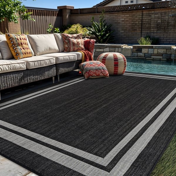 slide 2 of 100, World Rug Gallery Border Indoor/Outdoor Flat Woven Area Rug 5' x 7' - Black