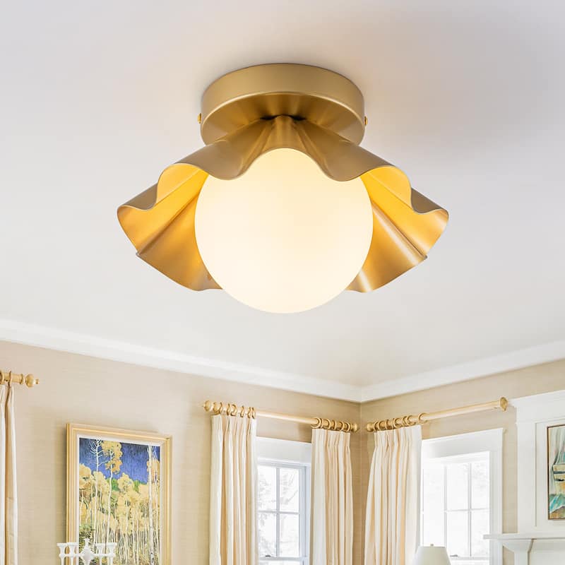 Modern industrial 1-Light Flush Mount Ceiling Light with Opal Glass Shape - Gold - 9.1" W × 6.3" H