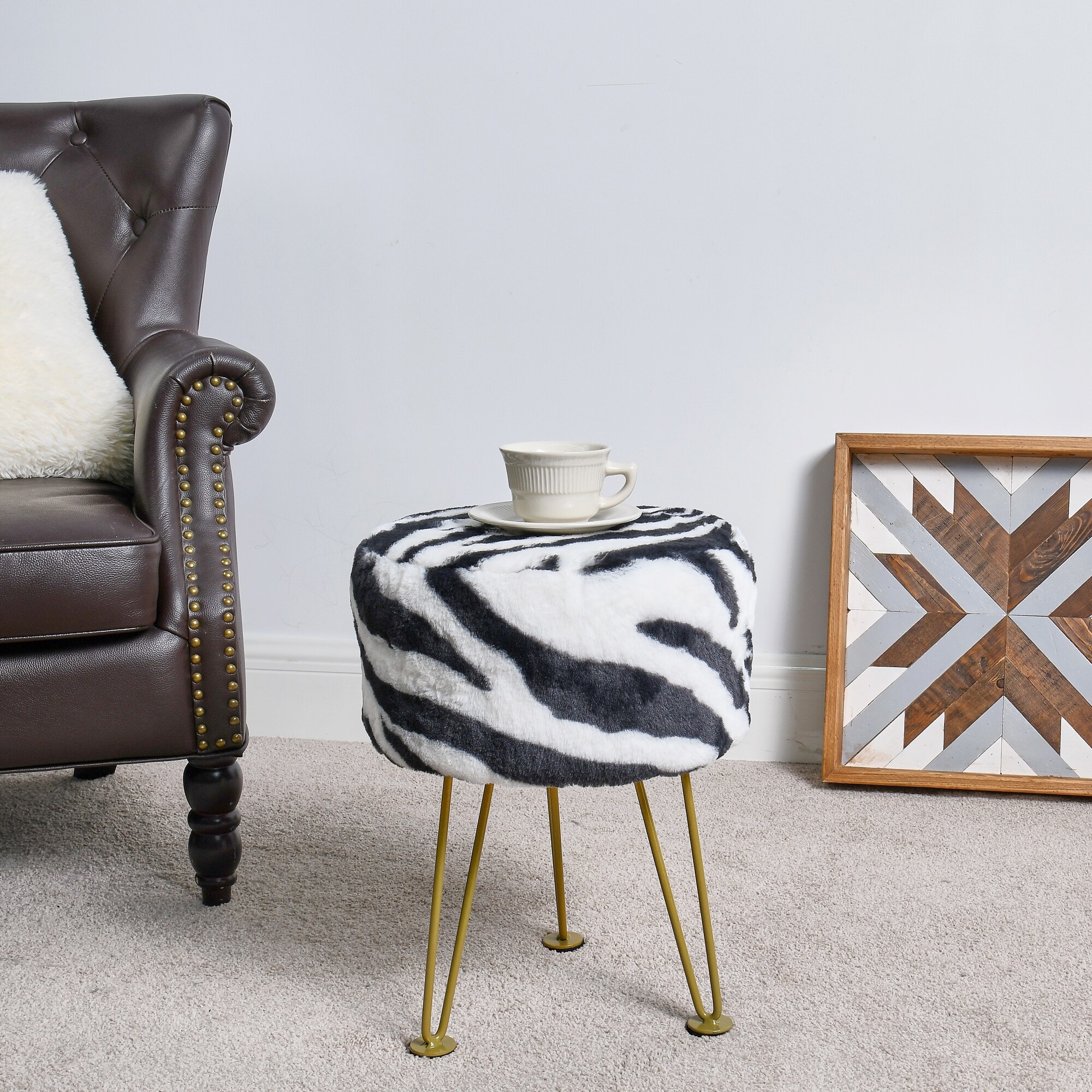 Home Soft Things Zebra Fauxfur Ottoman with Gold Metal Legs. - Picture 12 of 14