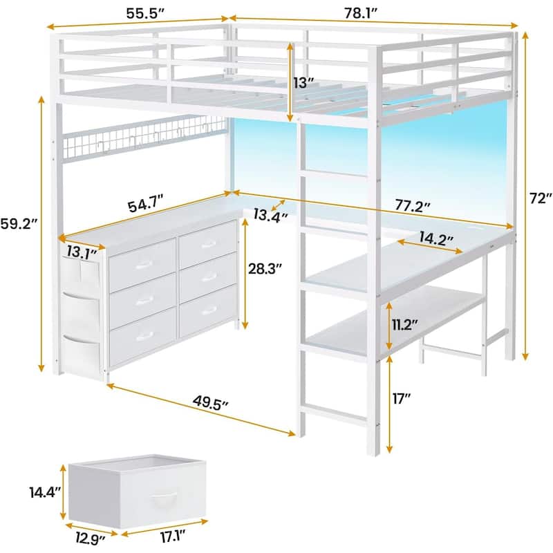 Loft Bed with Full Size U-Shaped Desk 6 Drawers Power Outlet 2 Storage Shelves