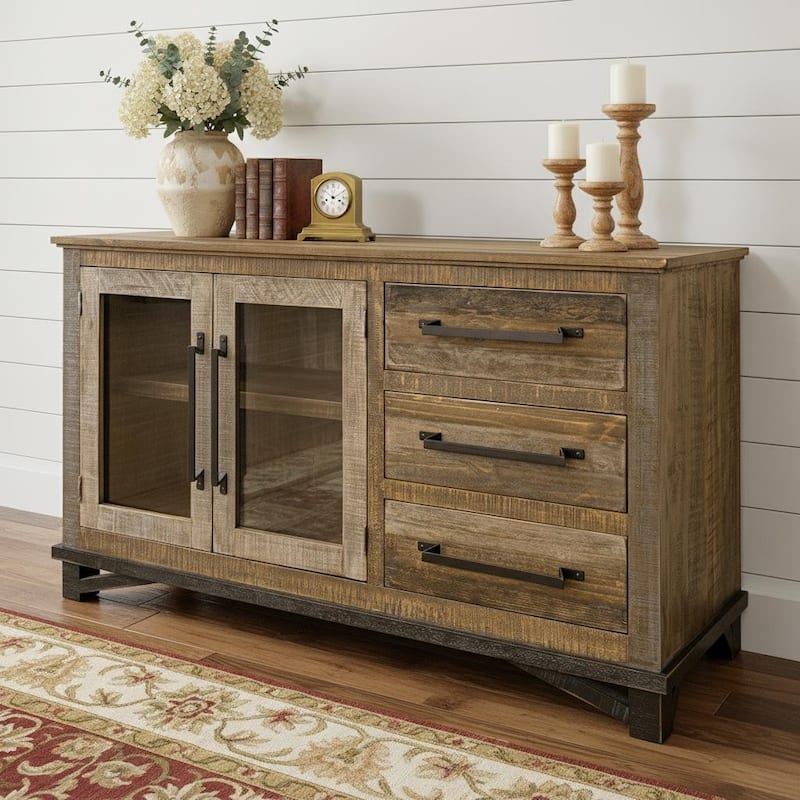 HomeRoots 60" Brown Solid and Manufactured Wood Distressed Buffet Table - 59.75 in. x 34.25 in. x 19.75 in. - 59.75 in. x 34.25 in.  x 19.75 in.