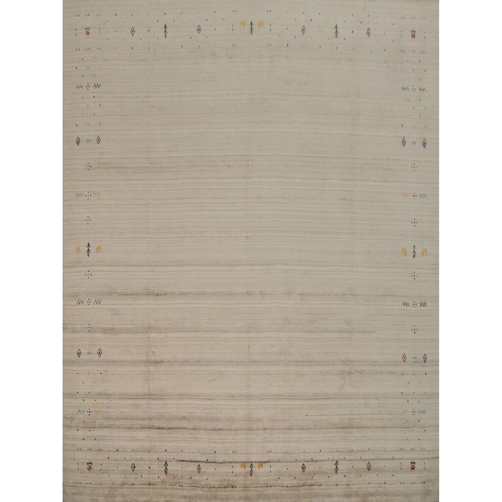 Hand Knotted Oriental Viscose Silk Carpet Tribal Animal Pictorial Beige & Ivories Gabbeh Area Rug - 9' 10'' X 10' 1''