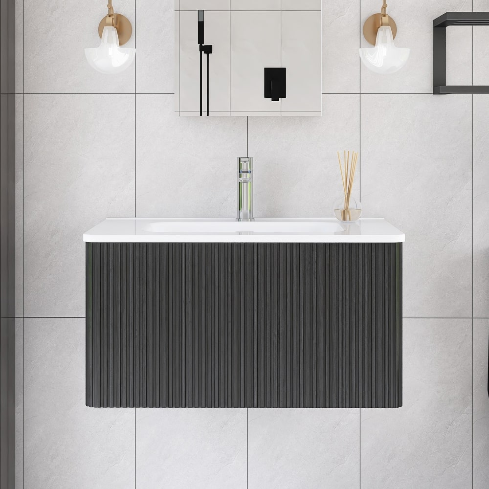 Floating Bathroom Vanity with Glossy White Integrated Ceramic Sink