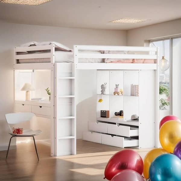 slide 2 of 40, Full Size Loft Bed with large shelves, writing desk & LED Light, White White