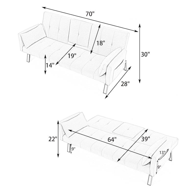 70-inch multi-functional cotton and linen sofa bed: foldable + cup holder + side storage