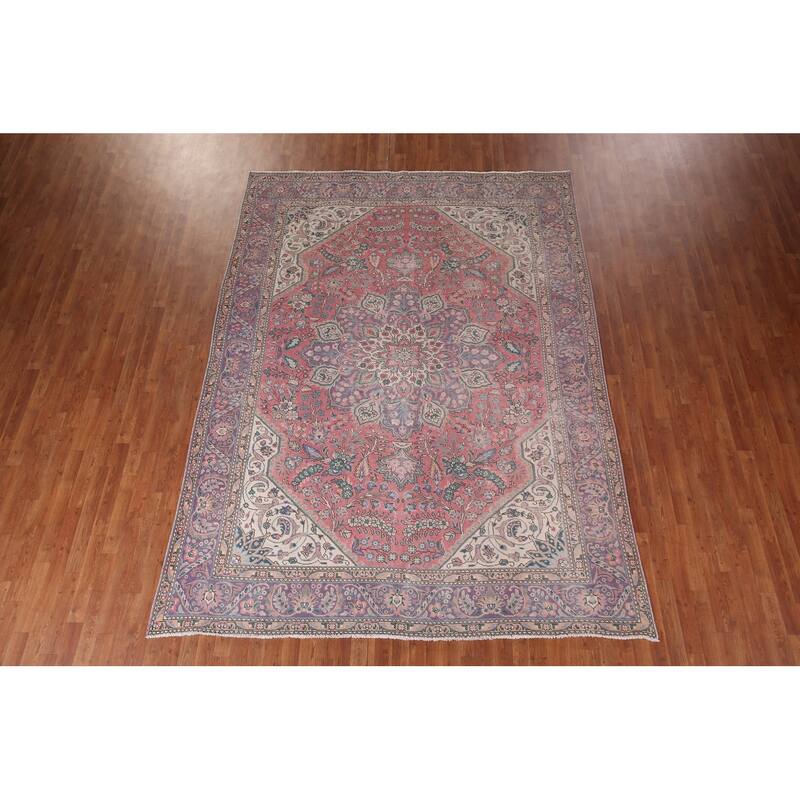 Pink Tabriz Persian Vintage Area Rug Hand-Knotted Wool Carpet - 8'0"x 11'0"