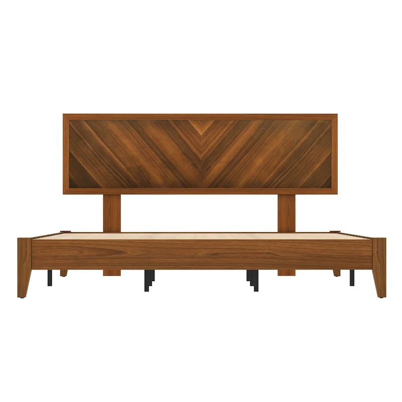 Queen/King Size Bed Frame with Adjustable Headboard Heights and Solid Wood Headboard, Walnut Color