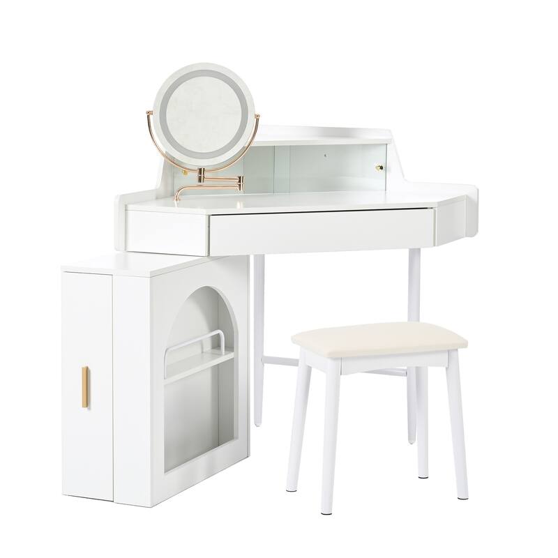 Corner Vanity Desk with Mirror & Lights, Wood Fluted Makeup Vanity Desk, Dressing Table with Large Storage Space