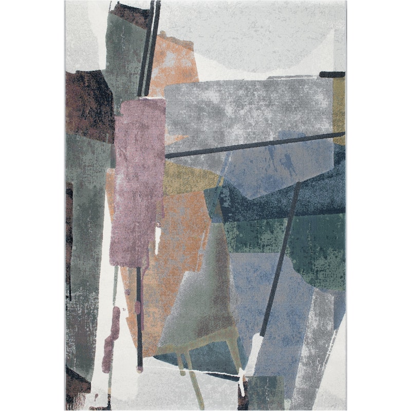 Abstract Orange, Sage, Blue, Gray, Ivory and Mauve Olefin Area Rug - 6' x 9'