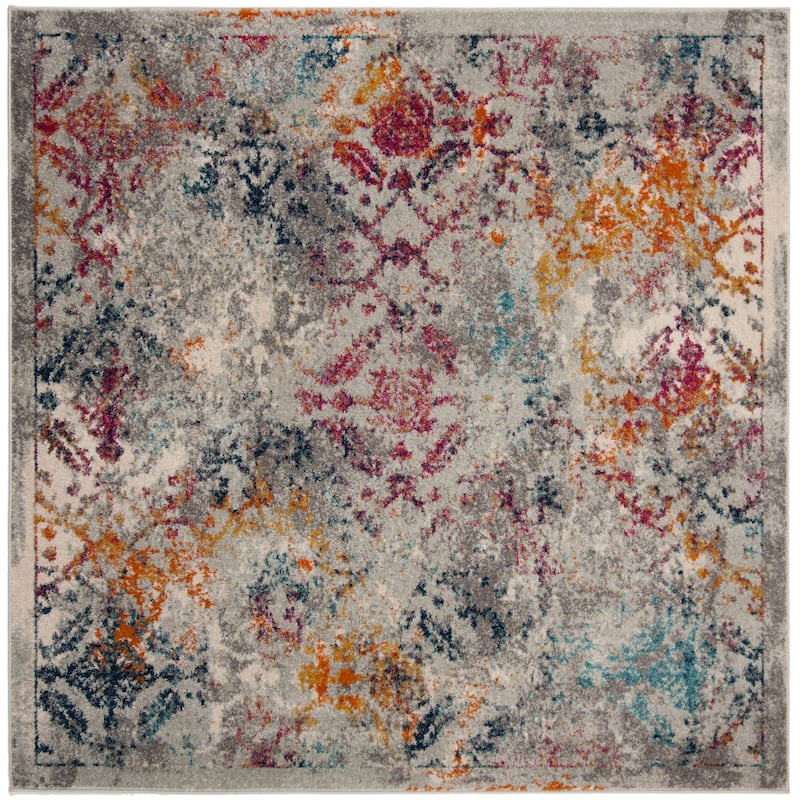 SAFAVIEH Madison Colette Vintage Boho Oriental Rug - 6'7" Square - Light Grey/Fuchsia