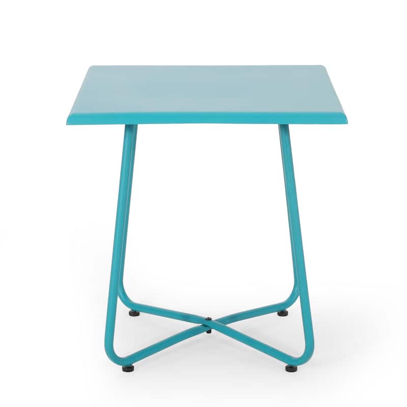 Outdoor Side Table with 18 Inch Square Top, Teal Blue Steel Frame