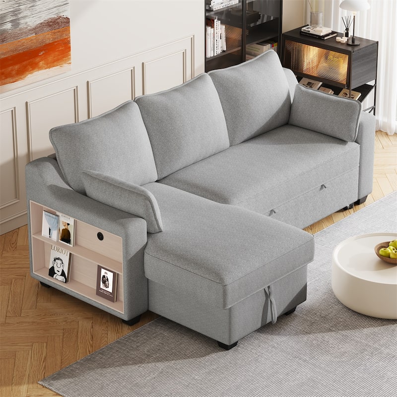 Pull Out Convertible Sleeper Sofa Bed L-Shaped Couch with Storage, USB