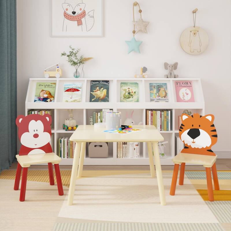 Anmytek Toddler 3-Piece Wooden Table and Chair Set Kids Activity Desk with Animal Backrest for Playroom Nursery