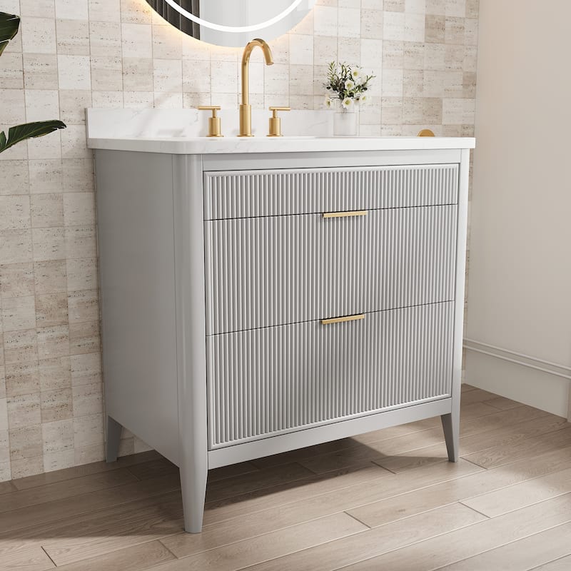 Modland 36" Freestanding Bathroom Vanity with Carrara Marble Top, Soft-Close Drawers, Fully Assembled, Green/Grey - 36 inch