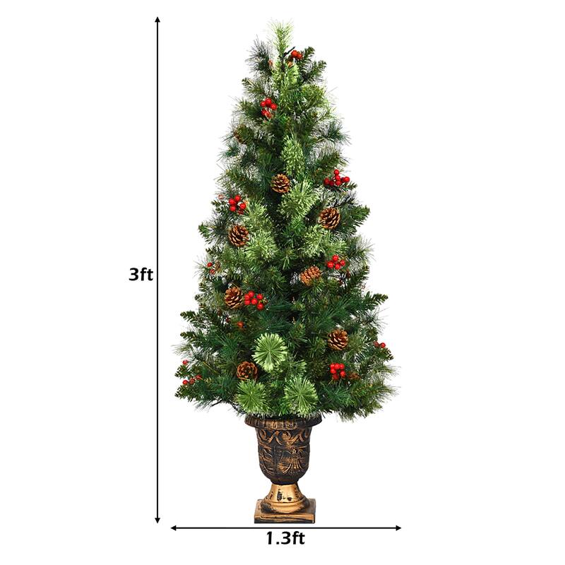 3FT Christ mas Entrance Tree with 40 LED Light Red Berries Pine Cone