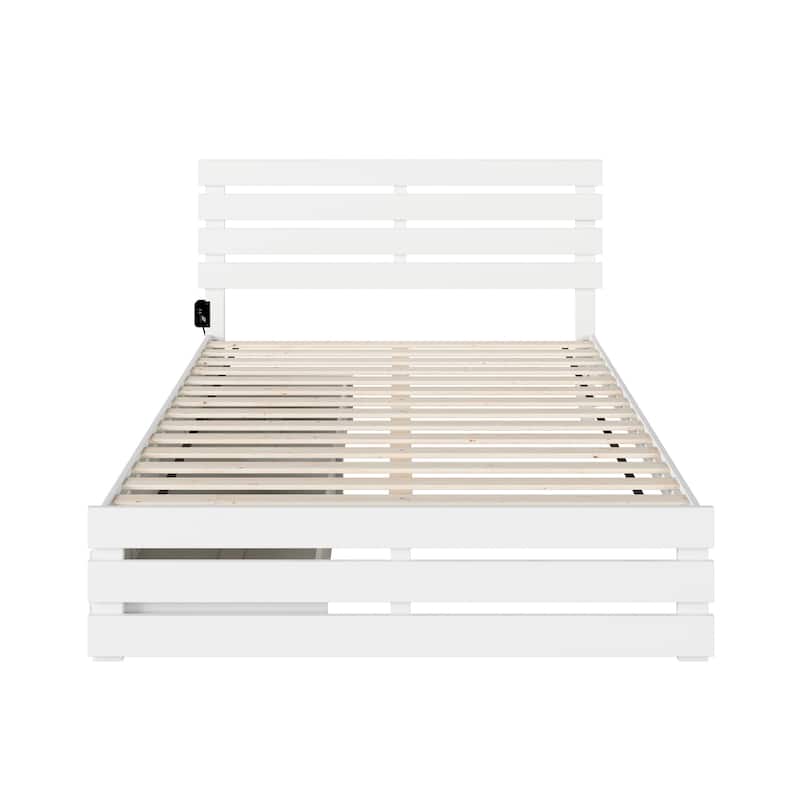 Queen Bed with Footboard & Storage - USB Charger, White Finish, 76" x 55"