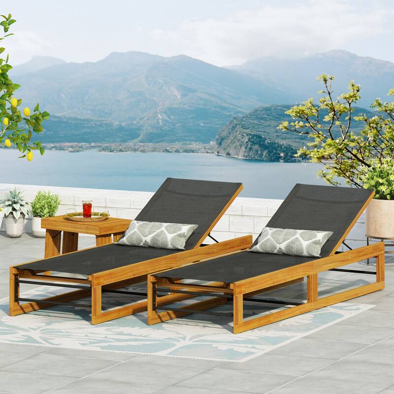 Roomfitters Contemporary Reclining Outdoor Chaise Lounges with Adjustable Mesh Backrest, Set of 2, Black