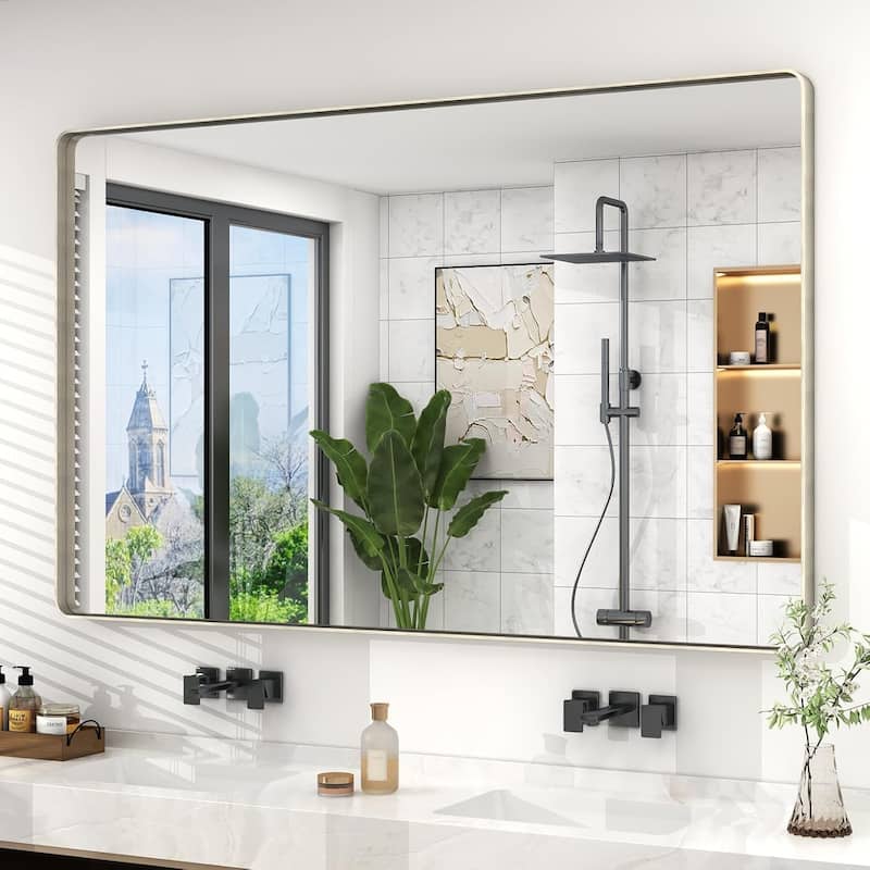 Aluminum Alloy Framed French Cleat Mounted Tempered Glass Wall Vanity Mirror - Silver - 55" x 36"