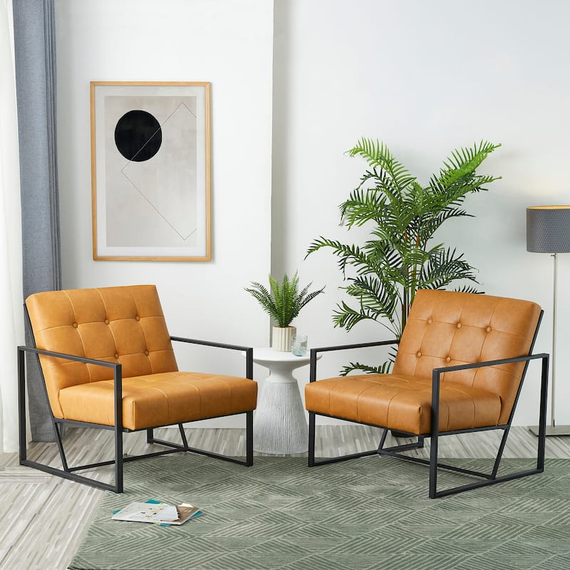 Glitzhome Set of 2 29.25"W Mid-Century PU Leather Tufted Accent Chairs